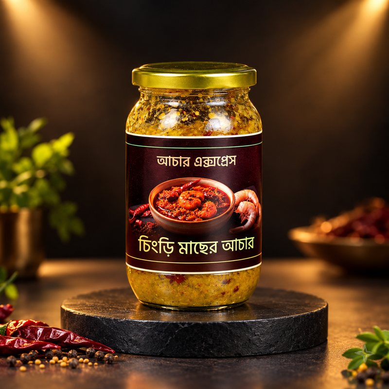 চিংড়ি মাছের আচারের জার, লেবেলে চিংড়ি মাছের আচার লেখা