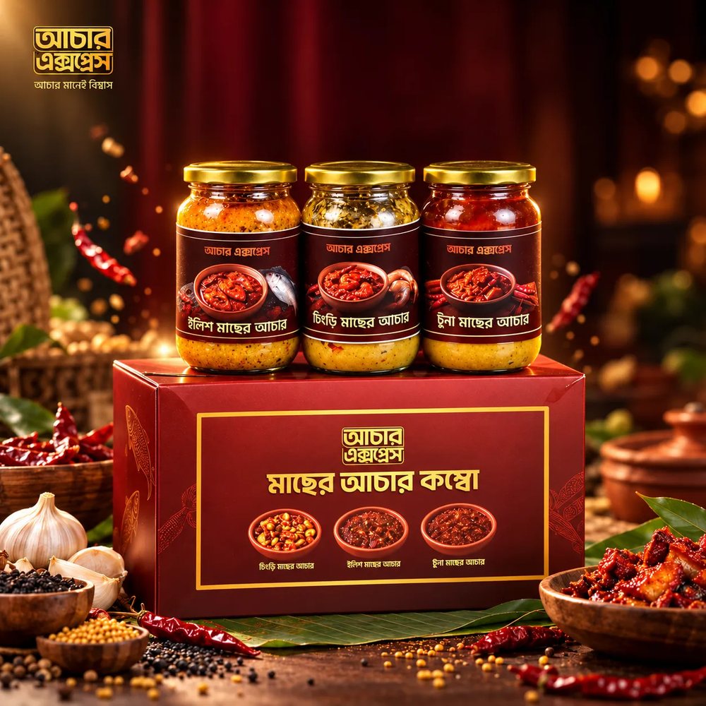 গিফট বক্সে আচার এক্সপ্রেসের মাছের আচার কম্বো: ইলিশ, চিংড়ি ও টুনার তিনটি জার