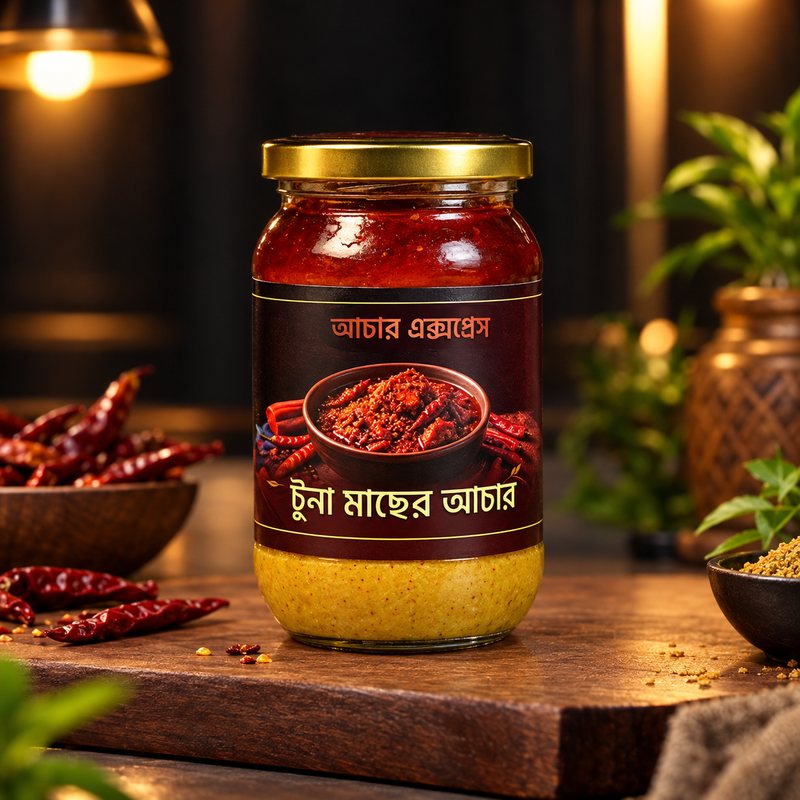 টুনা মাছের আচারের জার, লেবেলে টুনা মাছের আচার লেখা